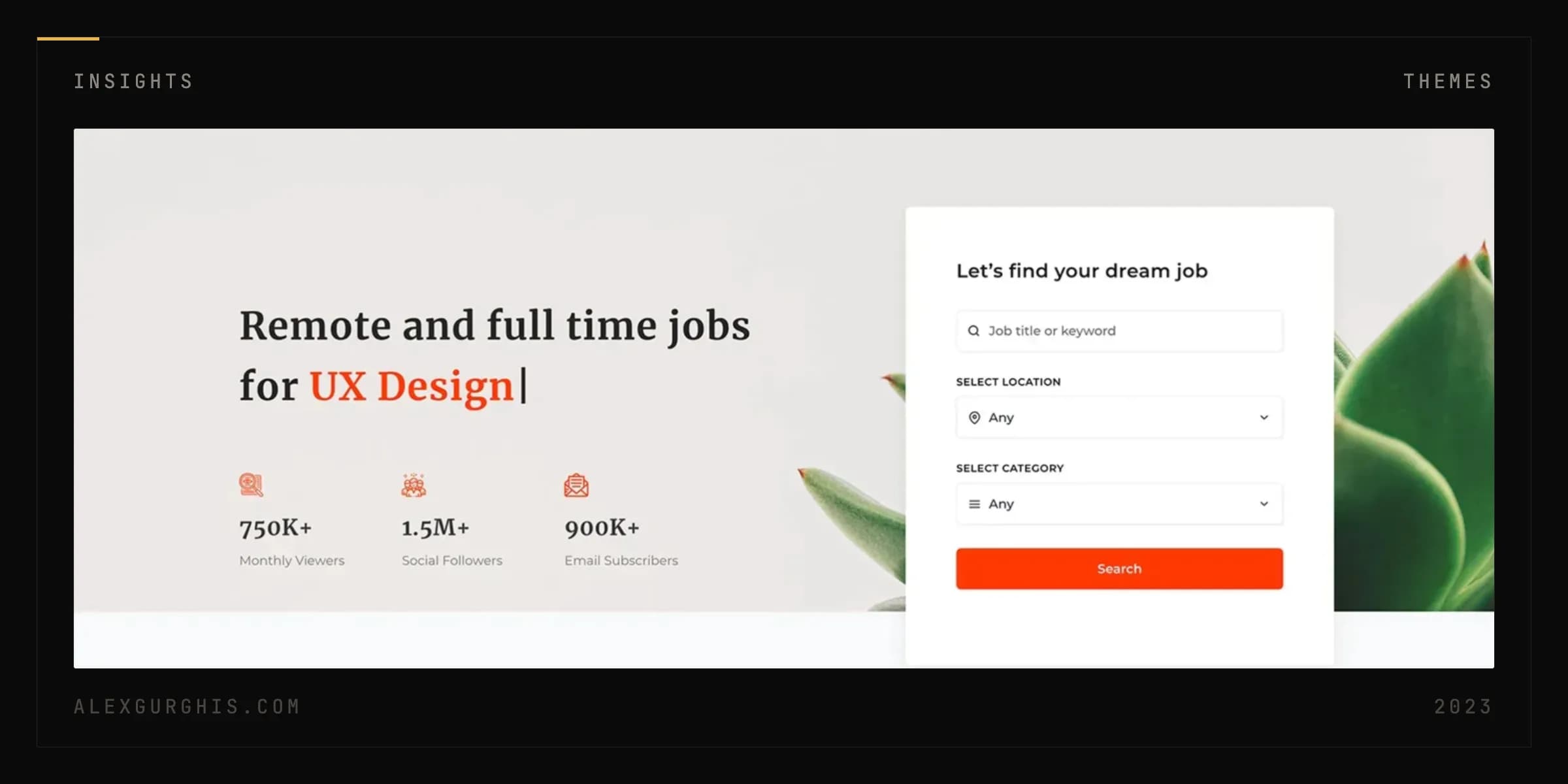 The JobRoyal theme's demo homepage: a job search panel with fields for job title, location and category, beside a hero reading "Remote and full time jobs for UX Design" and counters for monthly viewers, social followers and email subscribers.