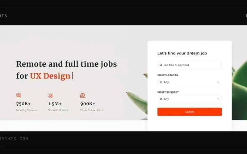 The JobRoyal theme's demo homepage: a job search panel with fields for job title, location and category, beside a hero reading "Remote and full time jobs for UX Design" and counters for monthly viewers, social followers and email subscribers.