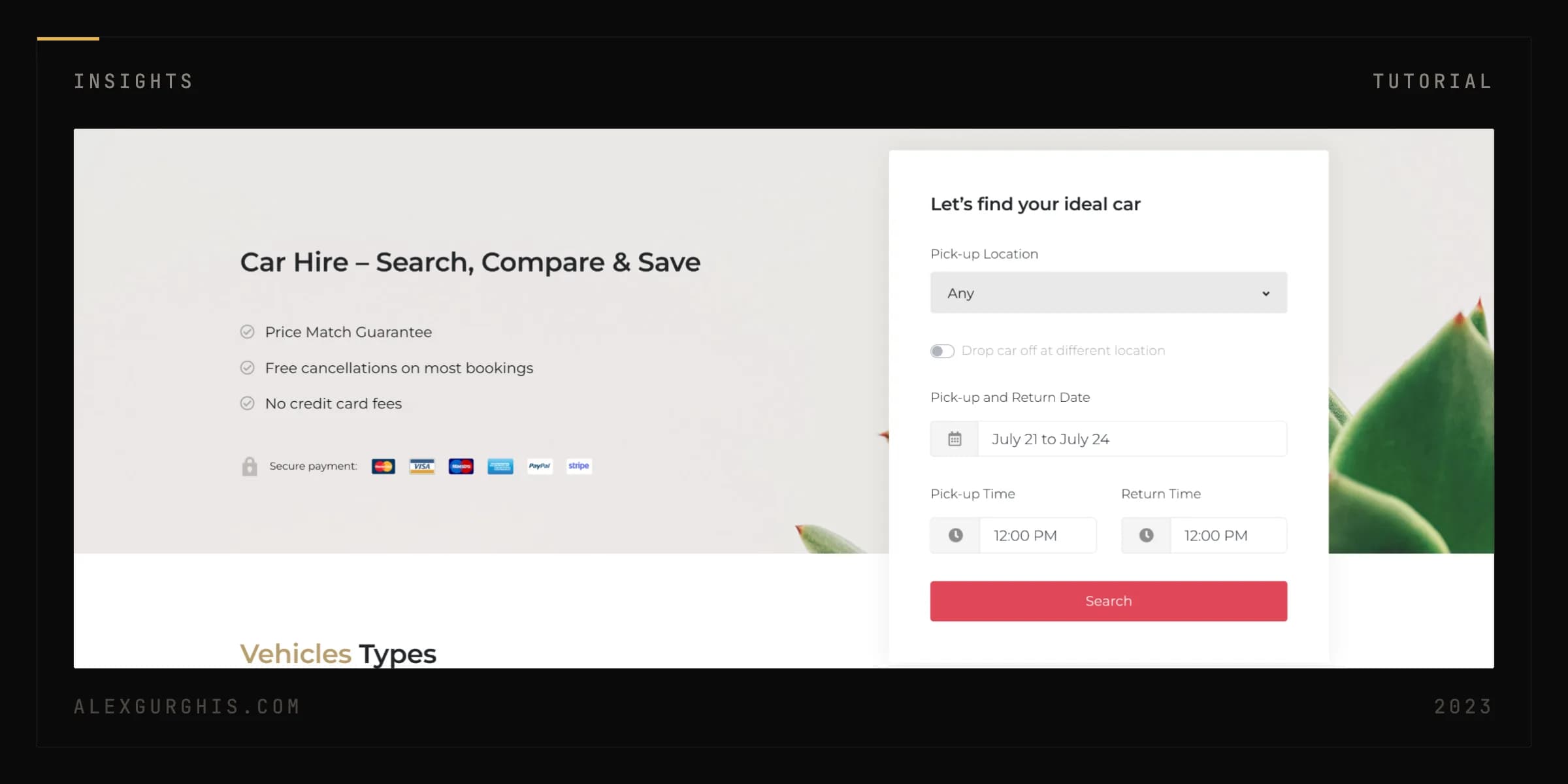 A car rental theme's demo homepage: a booking panel with pick-up location, dates and times beside a hero reading "Car Hire – Search, Compare & Save", a list of guarantees, and a row of accepted payment cards.
