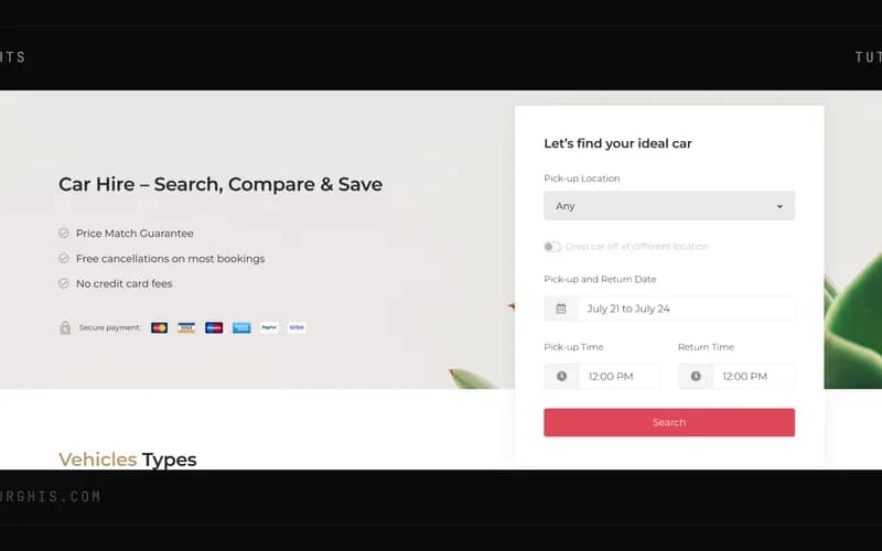A car rental theme's demo homepage: a booking panel with pick-up location, dates and times beside a hero reading "Car Hire – Search, Compare & Save", a list of guarantees, and a row of accepted payment cards.